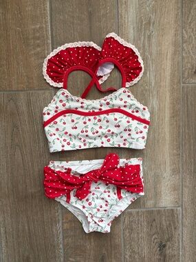 SweetHoney White Bikini with Red Cherry Print Sz 5Y